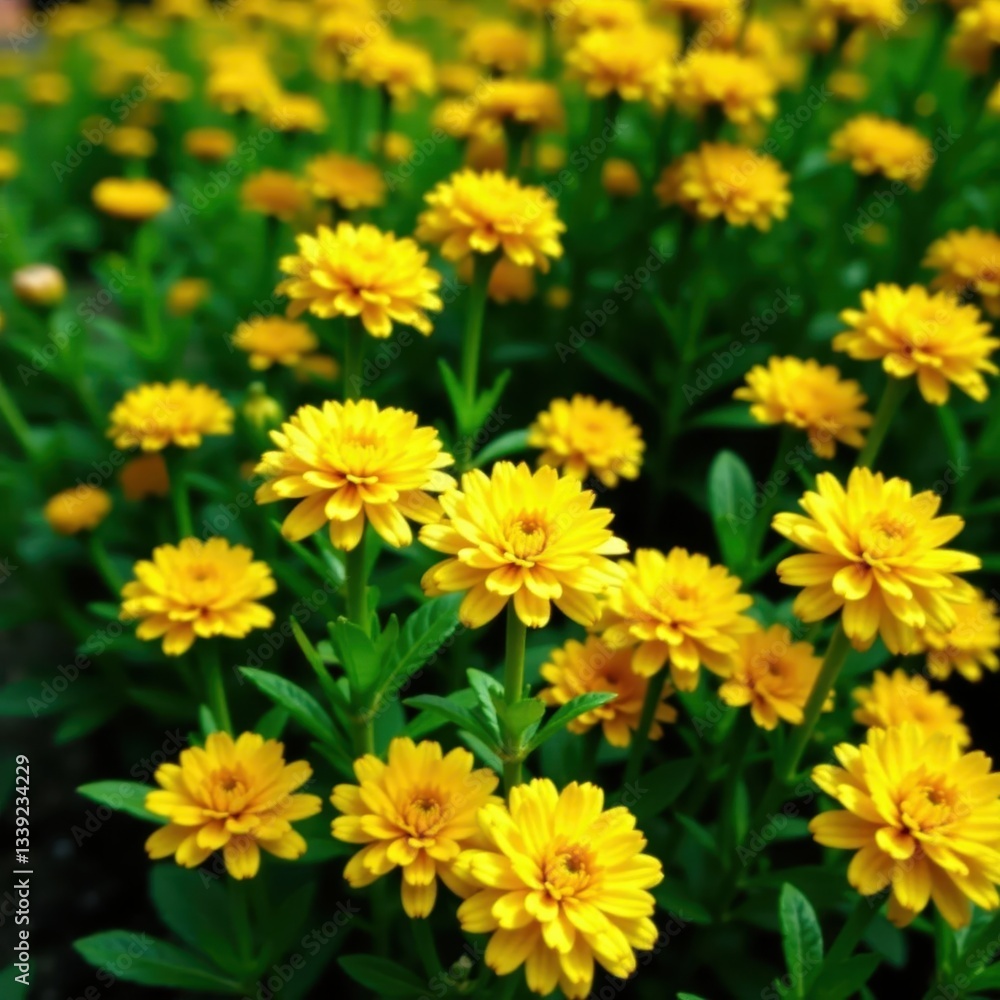 Vibrant yellow chrysanthemums, lush green foliage, splendor, macro Vibrant yellow chrysanthemums, lush green foliage, splendor, macro