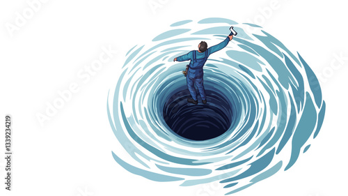 Digital illustration depicting a stylized human figure in blue clothing falling into a dark blue vortex. The vortex is rendered with swirling patterns, creating a sense of movement and depth. The
