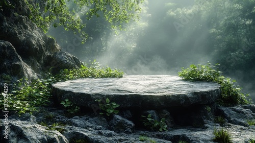 Fototapeta Naklejka Na Ścianę i Meble -  Stone podium in a misty forest