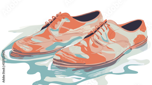 Illustration of a pair of orange and teal patterned shoes partially submerged in water. The water has a light teal color and appears calm.  The shoes are depicted in a flat, illustrative style with
