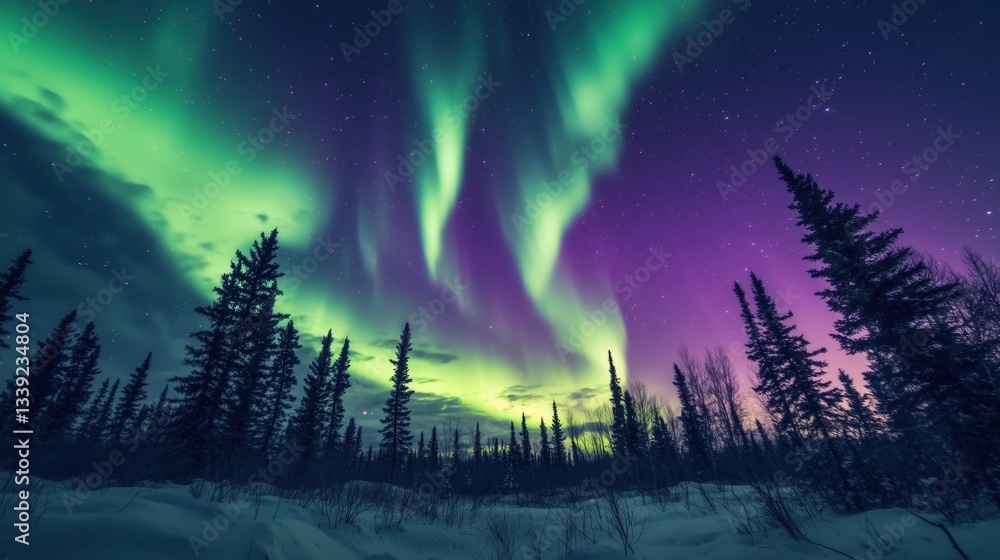 Fototapeta premium Bright green and purple northern lights lighting up the night sky