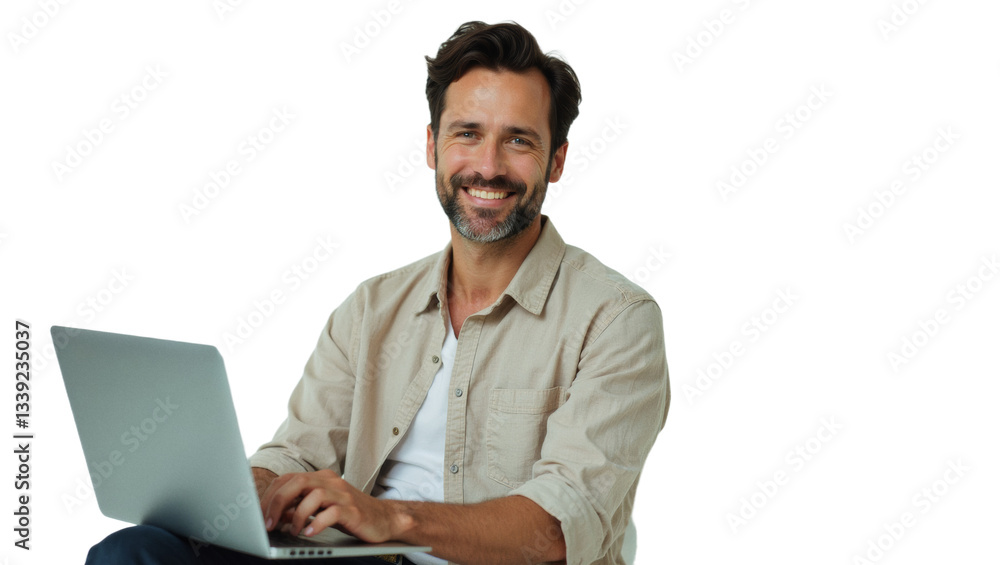 Diverse people advertisement headshot: A smiling man with a beard sits comfortably using a laptop while looking directly at the camera. Diverse people advertisement headshot: A smiling man with a beard sits comfortably using a laptop while looking directly at the camera.