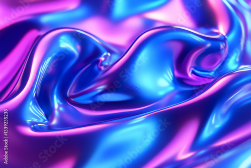 Wavy Blue and Purple Metallic Liquid Background with Neon Holographic Texture