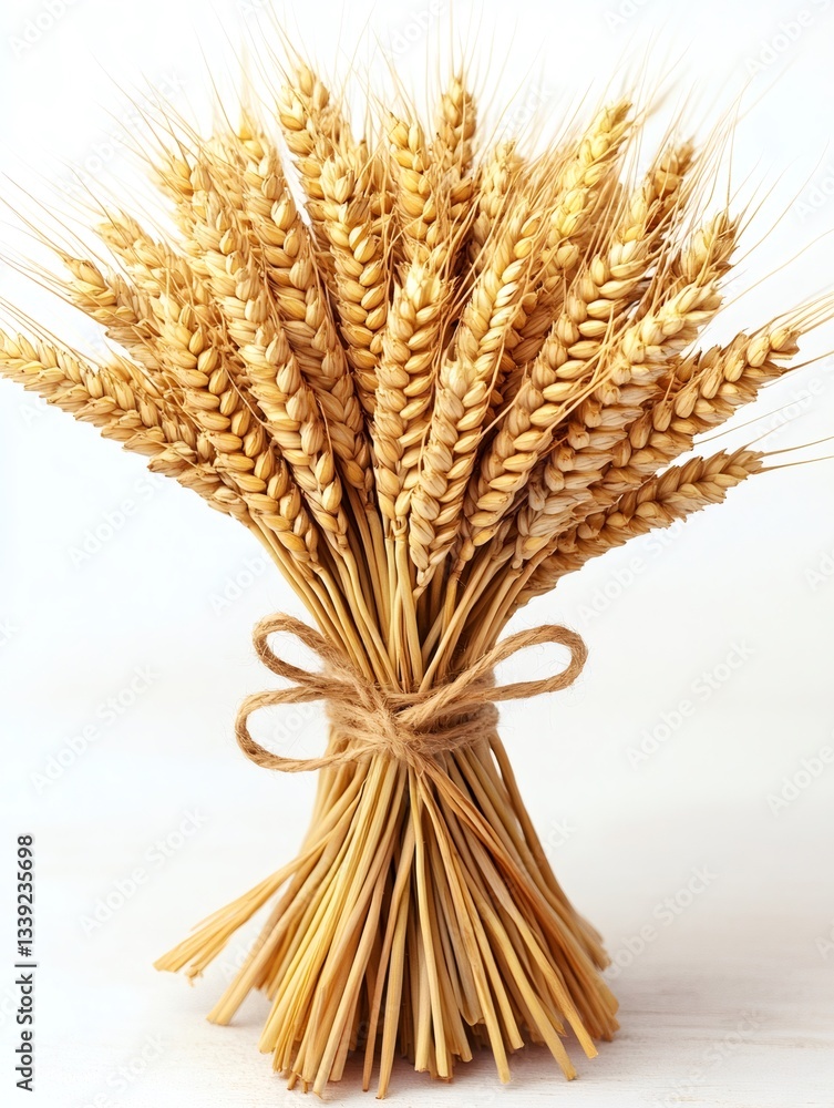 Fototapeta premium Sheaf of wheat tied with twine on white background