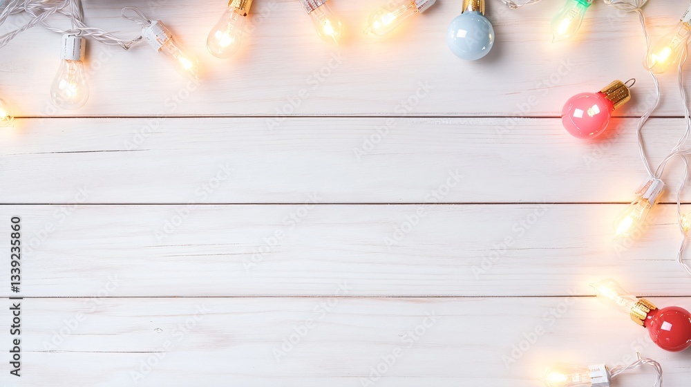 Fototapeta premium Festive holiday background, soft white wooden surface with warm fairy lights and red ornaments, perfect for seasonal greetings.