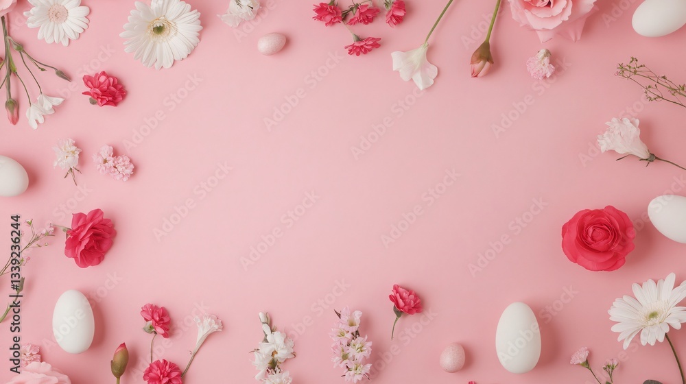 Delicate floral arrangement, vibrant pink background with scattered petals, perfect for romantic invitations or celebrations. Delicate floral arrangement, vibrant pink background with scattered petals, perfect for romantic invitations or celebrations.