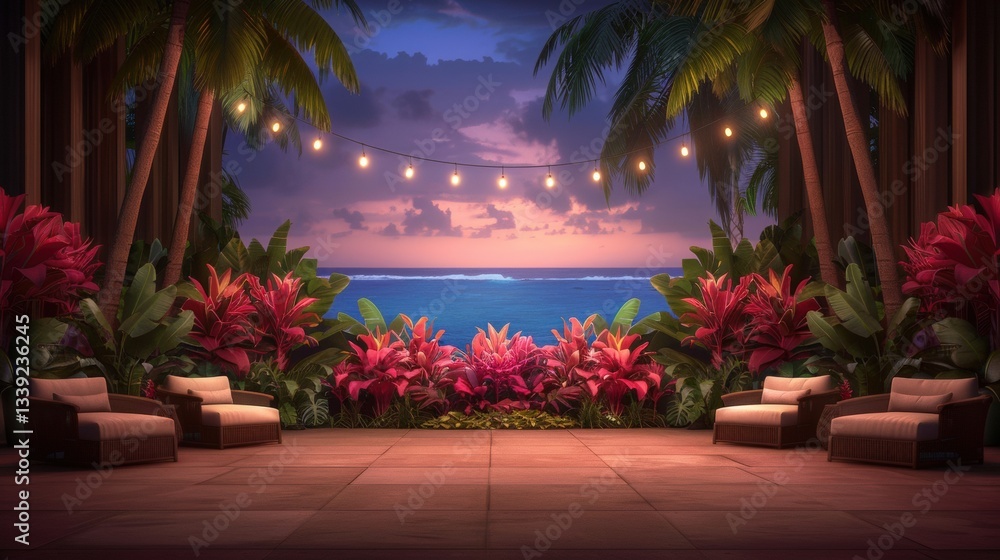 Fototapeta premium Serene Tropical Setting with Sunset View and Ambient Lighting