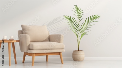 Cozy Living Room Setting with Armchair and Potted Plant in Sunlight
