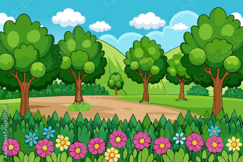 Scenic Illustration: a vibrant scene of a picturesque landscape, with lush greenery and blossoming flowers. a cheerful illustration of the road to hope and happy feelings