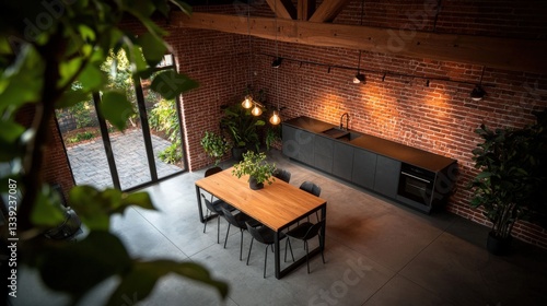 Modern Industrial Kitchen with Wooden Table and Exposed Brick Wall