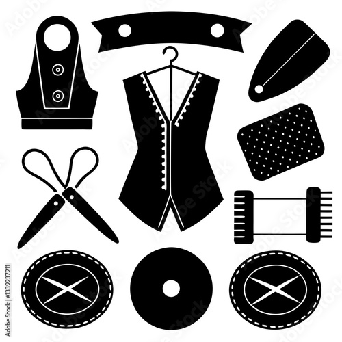 Fashion Design Elements: A stylish collection of classic dressmaking and fashion design elements, presented in a clean silhouette, perfect for showcasing the artistry of apparel creation.