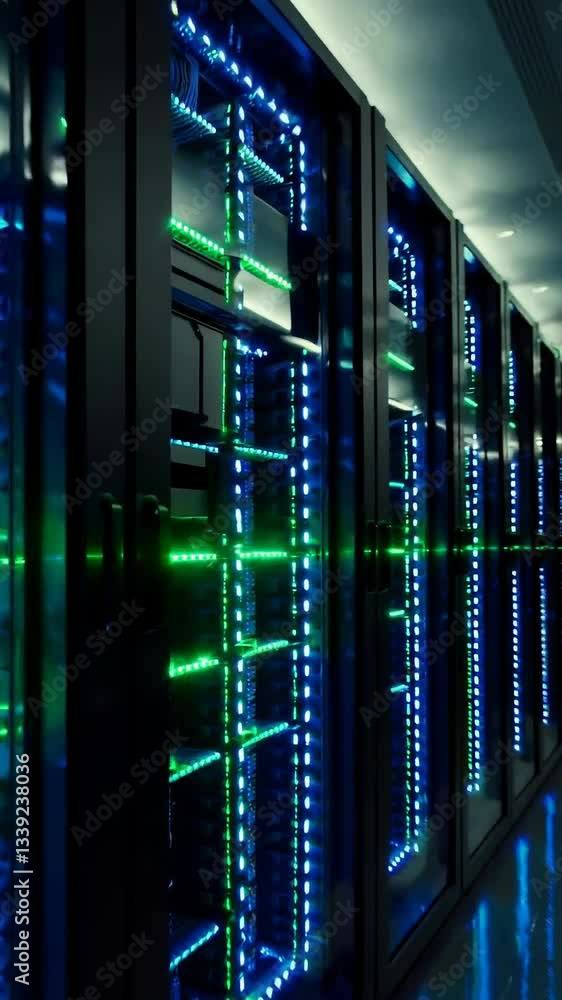 Glowing data center corridor with flickering server lights and reflections Glowing data center corridor with flickering server lights and reflections