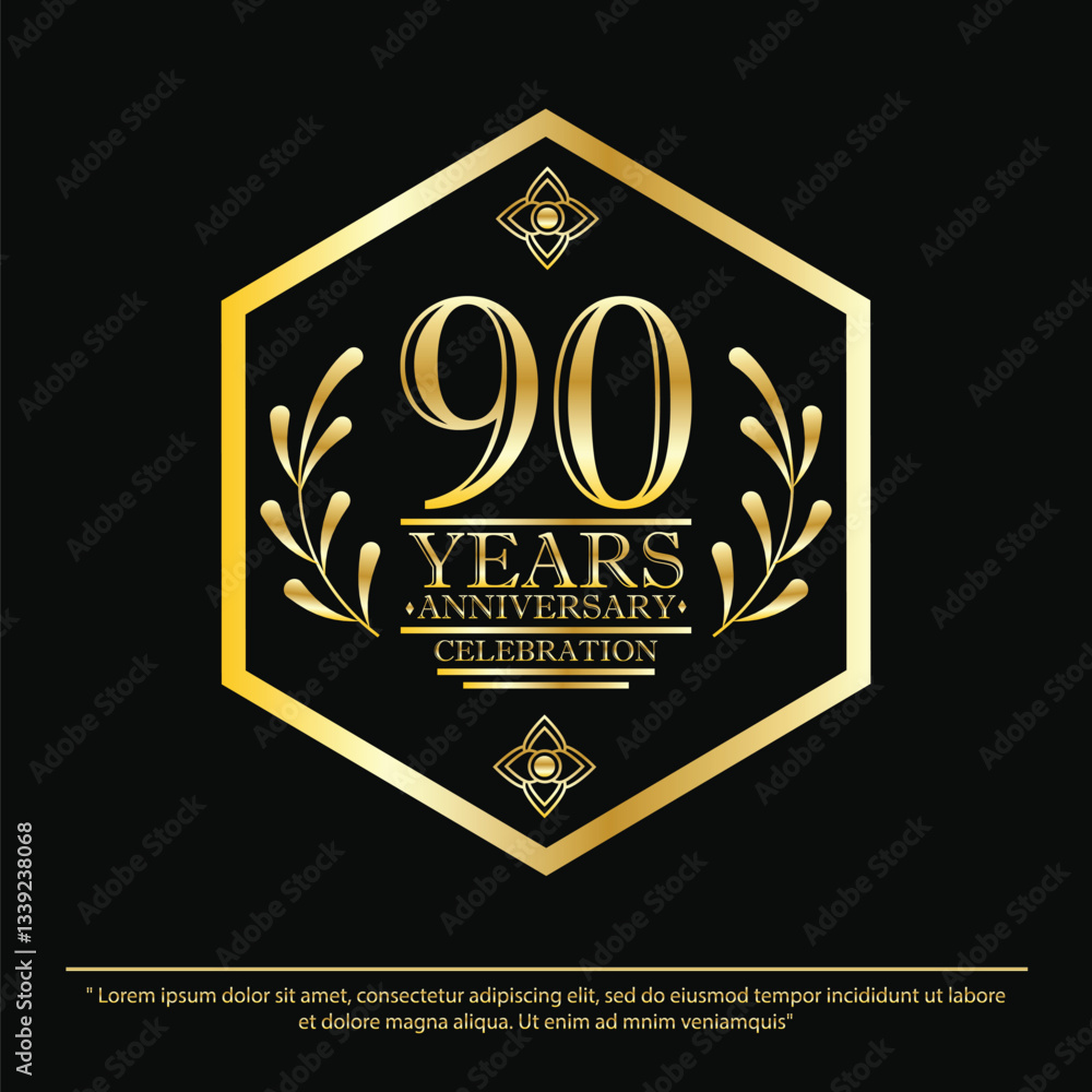 Naklejka premium 90th years anniversary celebration emblem. black anniversary logo isolated with hexagon geometric badge frame and laurel wreath. vector illustration template design 