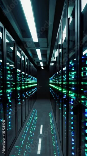 Hightech data center with blinking server lights and reflective floors in continuous motion
