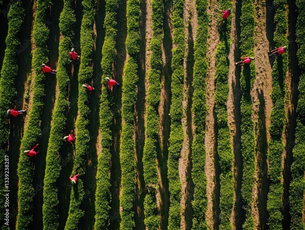 Fototapeta premium Aerial View: Farmworkers Harvesting Green Crop.