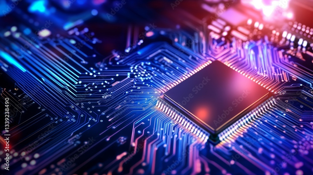 Close-up view of a vibrant microchip on a circuit board with glowing connections and patterns Close-up view of a vibrant microchip on a circuit board with glowing connections and patterns