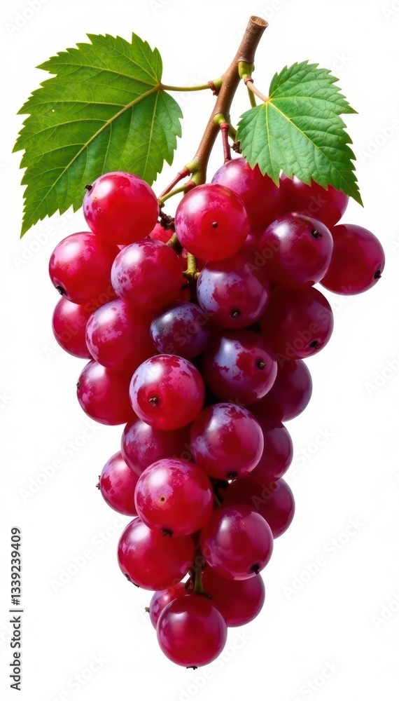Fototapeta premium A bountiful bunch of ripe red grapes, glistening, isolated on white , leaves, glistening, fresh