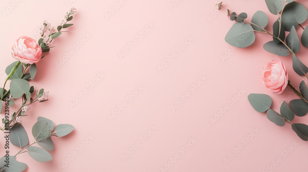 Fototapeta premium Floral arrangement on soft pink backdrop, vibrant greenery and blossoms framing a blank space for text or design.