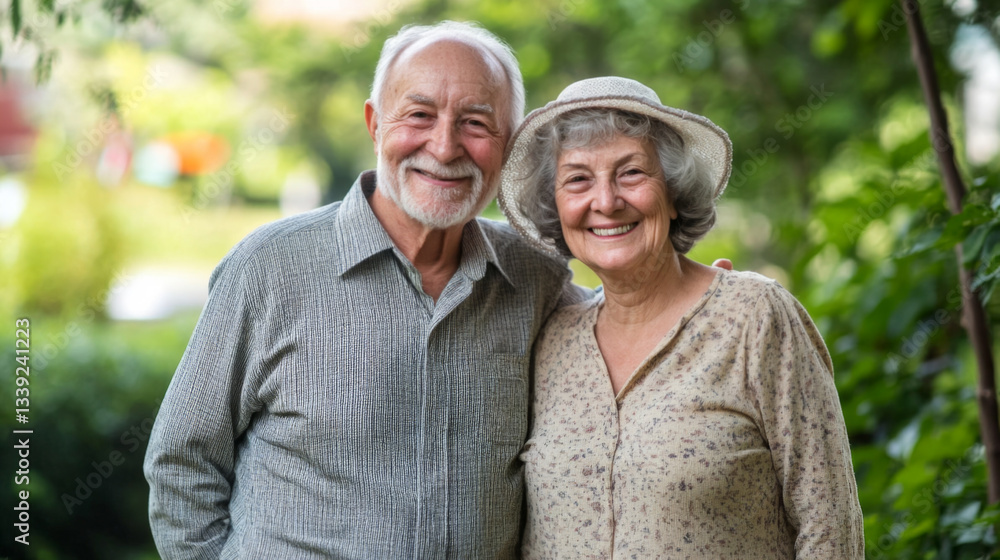 Senior couple smiling outdoors in a garden setting. Senior couple smiling outdoors in a garden setting.