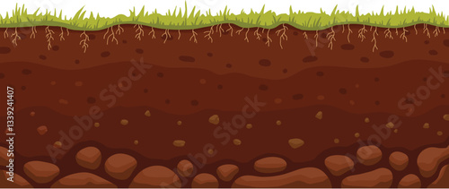 Seamless soil layer. Layered dirt clay, ground layer with stones and grass on dirts cliff texture, underground buried rock, archeology landscape cartoon vector pattern isolated icon for your design
