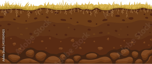 Seamless soil layer. Layered dirt clay, ground layer with stones and grass on dirts cliff texture, underground buried rock, archeology landscape cartoon vector pattern isolated icon for your design