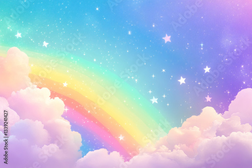 Holographic Fantasy Rainbow Background with Clouds, Stars, and Pastel Sky