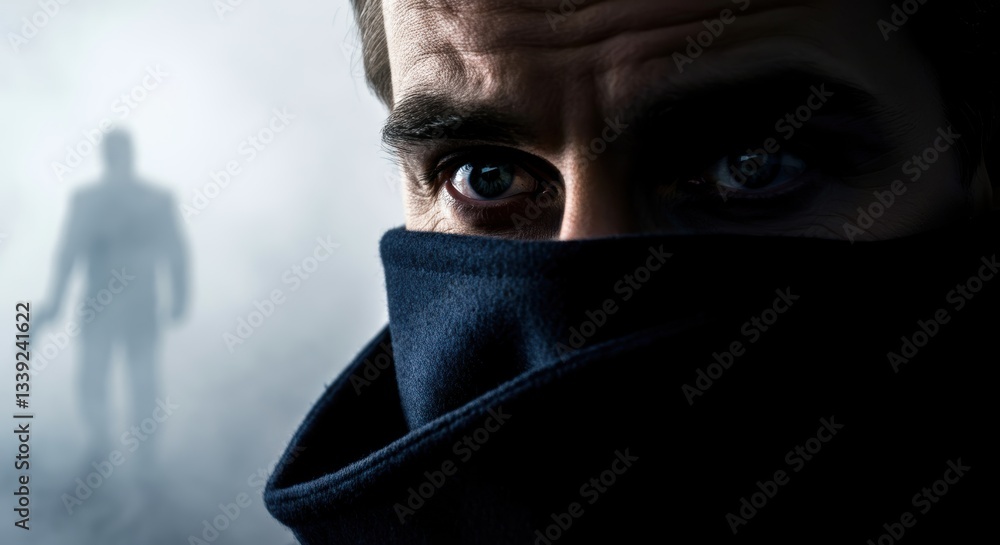 Intense close-up of caucasian male detecting threat in foggy environment Intense close-up of caucasian male detecting threat in foggy environment