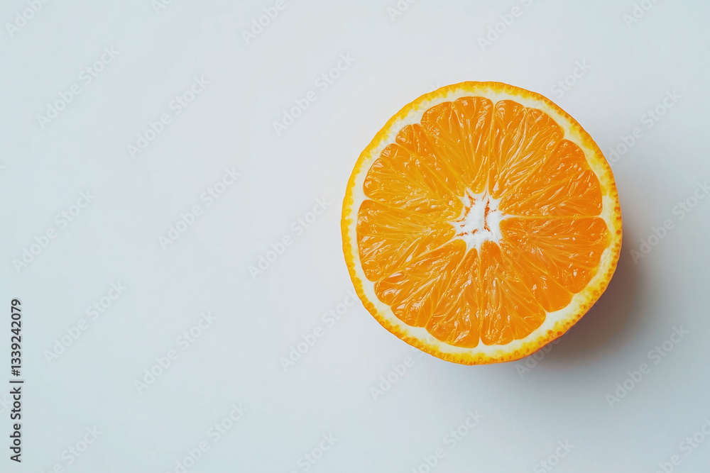 Fresh orange half with vibrant orange pulp, showcasing juicy texture and bright color. Perfect for healthy snacks or refreshing drinks