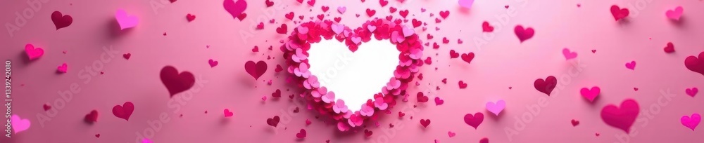 Pink heart confetti explosion, hollow white heart center, adorable, splash Pink heart confetti explosion, hollow white heart center, adorable, splash