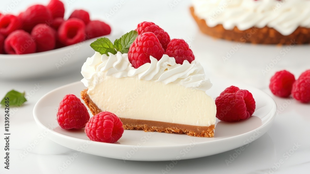 A slice of creamy cheesecake topped with fresh raspberries and whipped cream, served on a white plate, with more raspberries in the background. A slice of creamy cheesecake topped with fresh raspberries and whipped cream, served on a white plate, with more raspberries in the background.