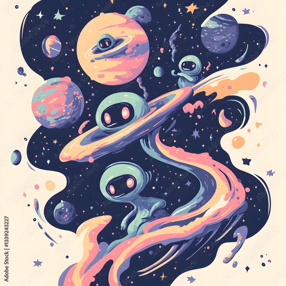 Fototapeta premium Whimsical Pastel Aliens in a Cosmic Pixel Art Scene