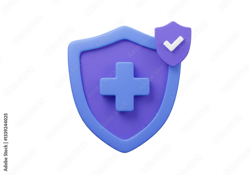 Obraz premium A 3D illustration of a security shield in blue and purple tones with a plus symbol in the center isolated on transparent background