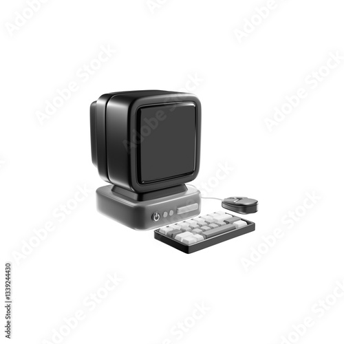 3d render illustration of a retro desktop computer with keyboard and mouse
