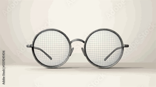 Close-up studio shot of a pair of round eyeglasses with a thin metal frame. The lenses feature a subtle grid or dot pattern. The background is a plain, light grey. The image is sharply focused,