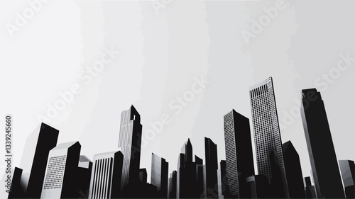 A low-angle, black and white shot of a city skyline. The image features a series of tall buildings silhouetted against a bright, almost overexposed sky. The buildings are rendered in varying shades