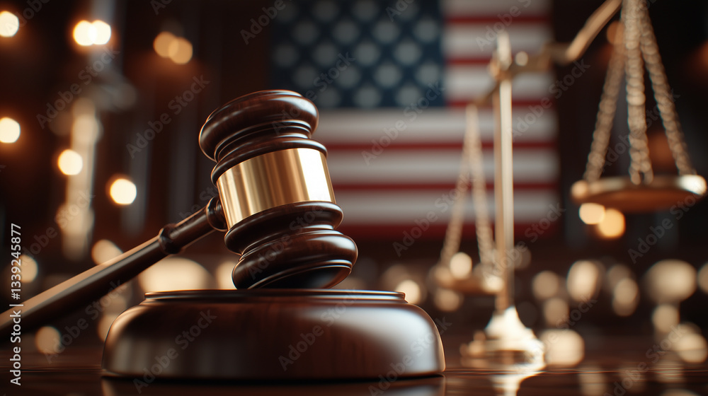 A courtroom scene with a judge’s gavel in focus, scales of justice and American flag in background.