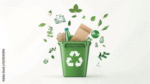 A digitally created image shows a green recycling bin with a recycling symbol on the front.  Various recyclable materials, such as a glass bottle, paper bag, and crumpled paper, are shown