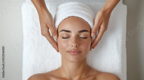 Close-up of a woman receiving a relaxing facial massage at a spa, eyes closed, on a white towel.
