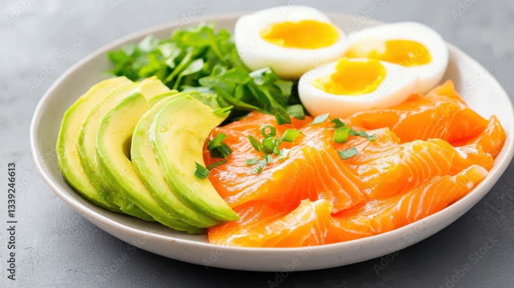 A vibrant plate of fresh salmon, avocado slices, soft-boiled eggs, and leafy greens, showcasing a healthy and appetizing meal. A vibrant plate of fresh salmon, avocado slices, soft-boiled eggs, and leafy greens, showcasing a healthy and appetizing meal.