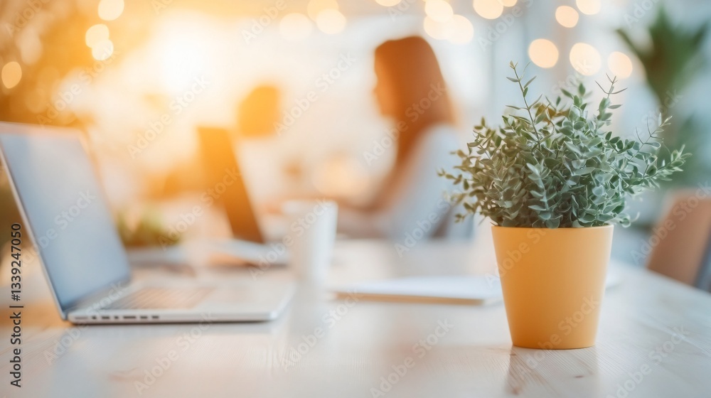 Fototapeta premium Woman using laptop in bright office, relaxed atmosphere, potted plant nearby, ideal for remote work or productivity themes.