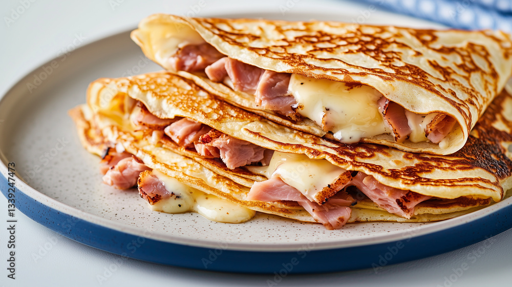 Savory crepes filled with ham and melted cheese, stacked on a ceramic plate. Savory crepes filled with ham and melted cheese, stacked on a ceramic plate.