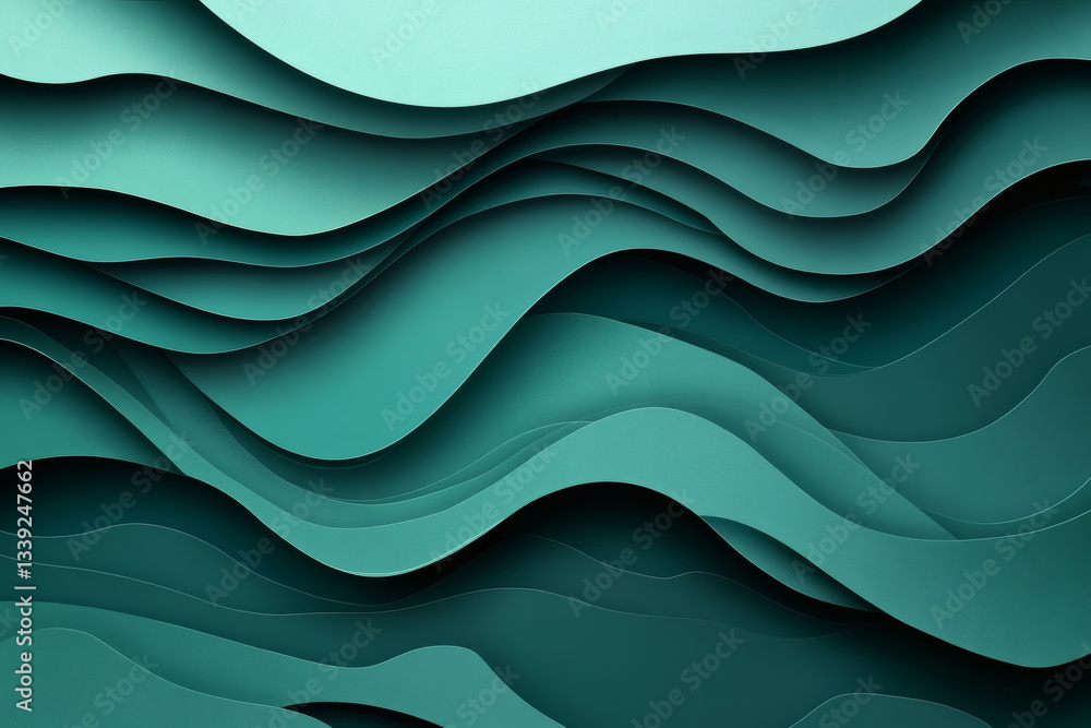 Fototapeta premium Green Abstract Paper Carved Background with Wavy Layered Shapes in Paper Art Style