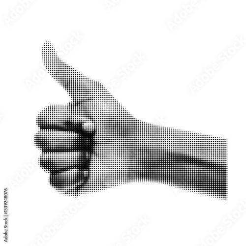 Black and white halftone image depicting a hand showing a thumbs-up gesture. The dotted design adds a vintage effect, emphasizing positivity and approval in a minimalistic style.