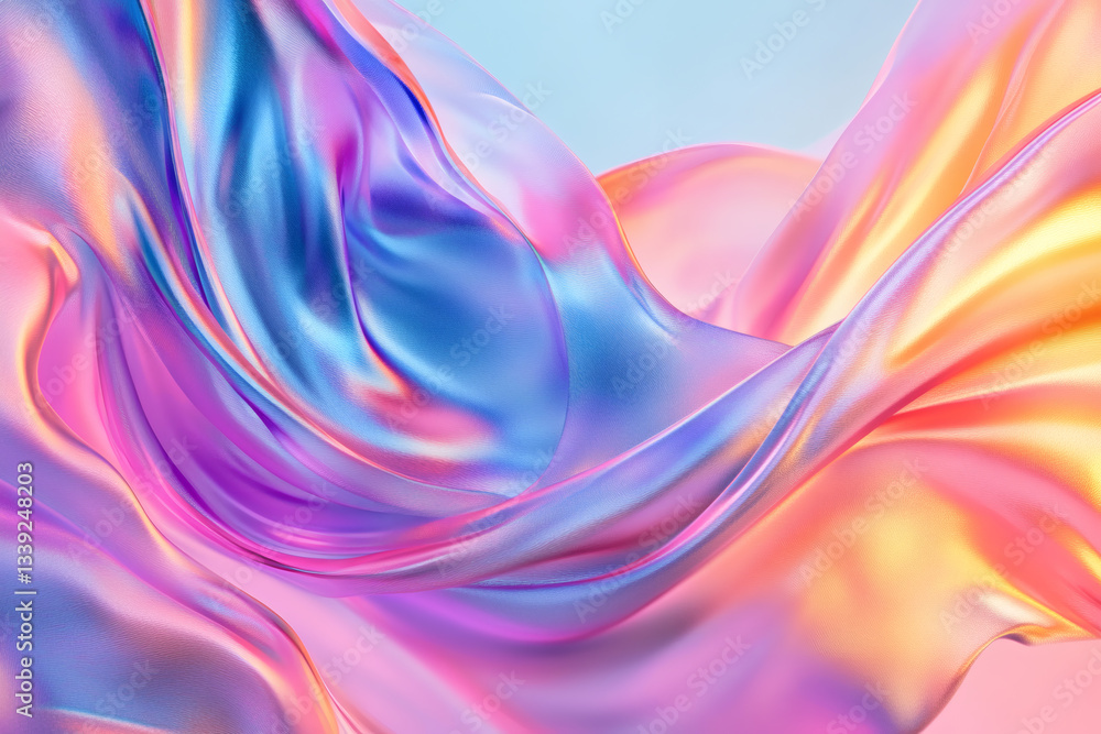 Fototapeta premium Iridescent Fluid Abstract Image with Vibrant Holographic Colors on Pastel Pink Gradient