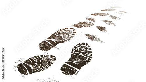 A digital illustration depicting a series of brown footprints, appearing as if made by boots, on a white background. The footprints are rendered in a slightly textured style, suggesting mud or
