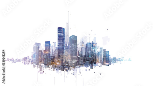 An abstract watercolor painting depicting a cityscape.  The image features various stylized skyscrapers and buildings rendered in shades of blue, brown, and grey against a predominantly white