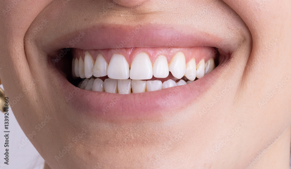 Obraz premium A detailed close-up of a woman’s smile, showcasing white, well-aligned teeth and healthy gums. The natural lighting highlights the smooth skin texture and subtle lip color
