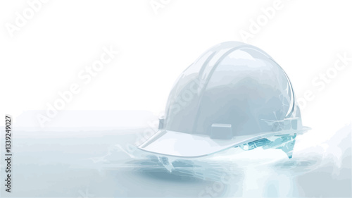 A close-up shot of a translucent white hard hat partially submerged in clear water on a white background. The hard hat appears almost transparent, with light reflecting off its surface and the