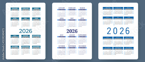 Calendar 2026 vector set. Pocket calender collection. Week starts on Sunday. Basic grid template for print
