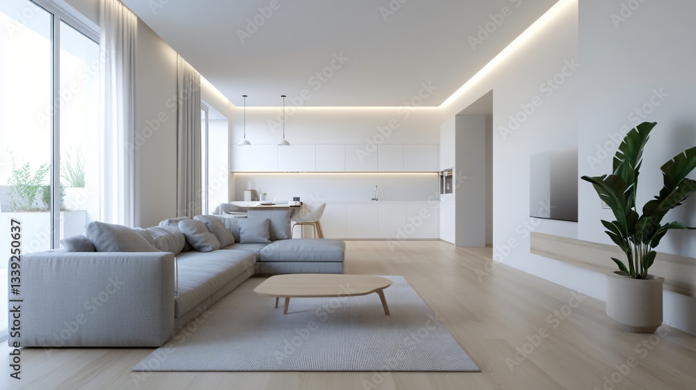 Fototapeta premium Bright modern living room, spacious area with large windows, minimalist decor, comfortable seating, natural light, copy-space available.